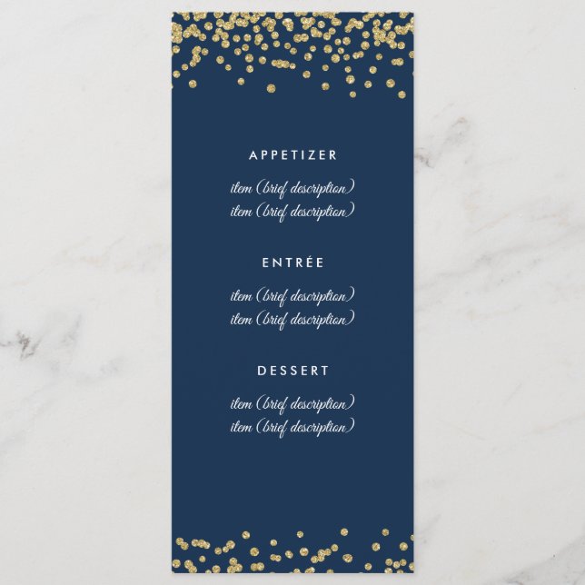 Hochzeitsmenü Gold Imitats Glitzer Confetti Navy B Menükarte (Vorderseite)