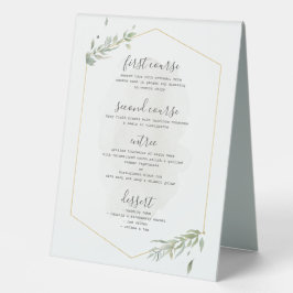 Hochzeitsmenü im Rahmen von Gold- und grünen Blätt Tischaufsteller