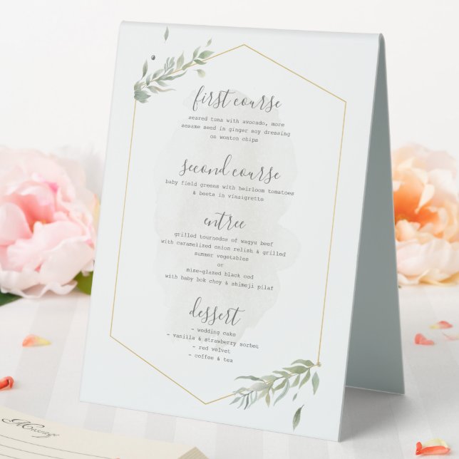 Hochzeitsmenü im Rahmen von Gold- und grünen Blätt Tischaufsteller (In Situ (Hochzeit))