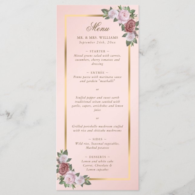 Hochzeitsmenü in Rosa und Gold Menükarte (Vorderseite)