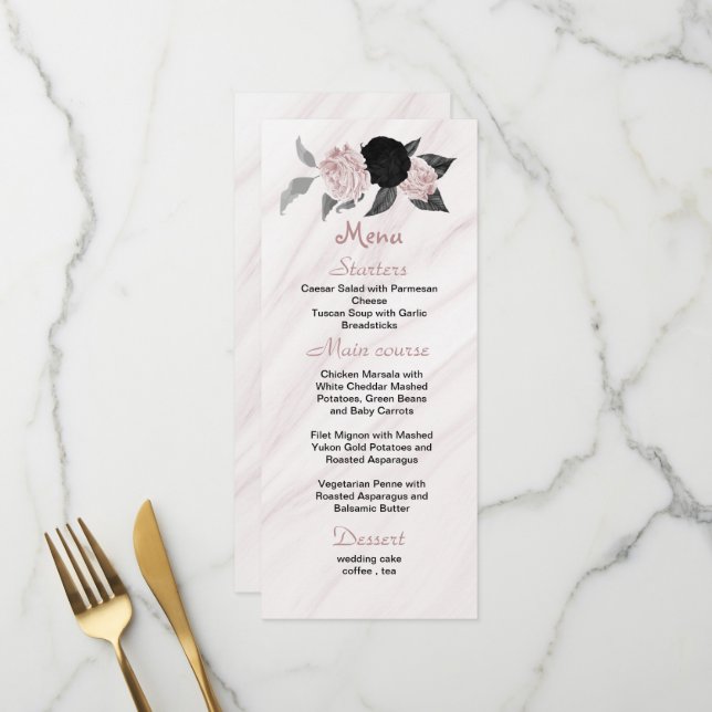 Hochzeitsmenü in Rosa und Schwarz Menükarte (Vorderseite/Rückseite Beispiel)