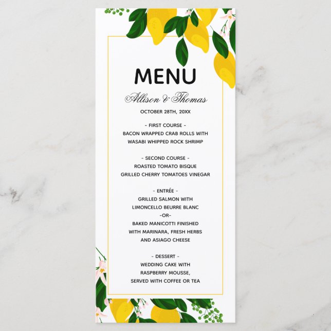 Hochzeitsmenü Lemon Gelbe Hochzeitseinladung Menükarte (Vorderseite)