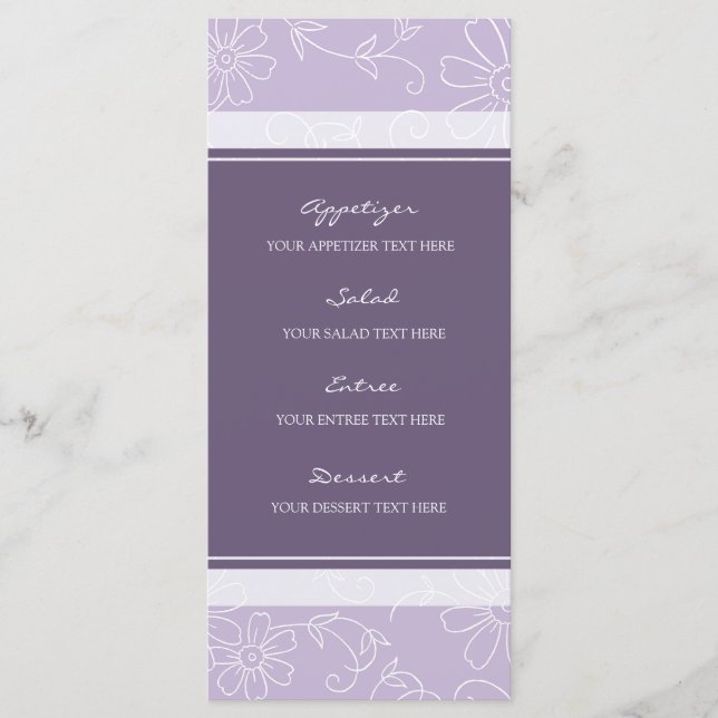 Hochzeitsmenü Lila und weiße Blume Menükarte (Vorderseite)