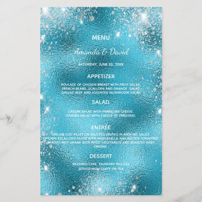 Hochzeitsmenü mit blauem metallischem Glitzer eleg (Vorderseite)