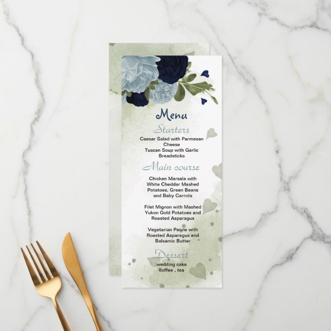 Hochzeitsmenü mit blauen und marineblauen Blumen Menükarte (Vorderseite/Rückseite Beispiel)