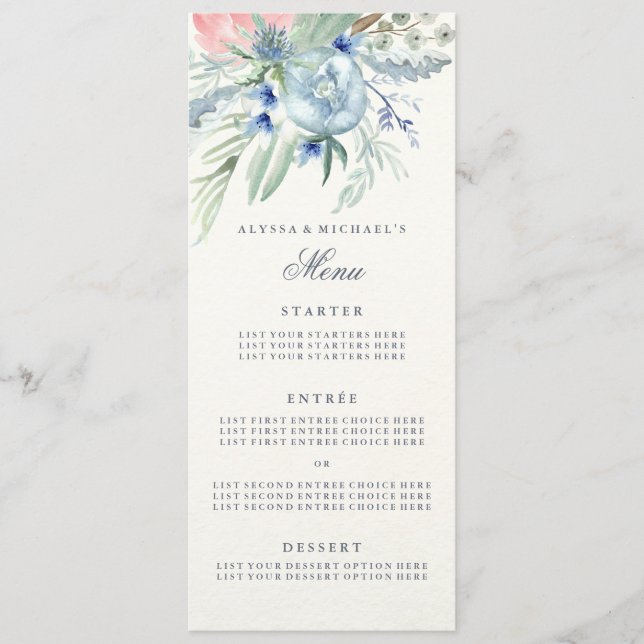 Hochzeitsmenü mit blauen und rosafarbenen Peonies Menükarte (Vorderseite)