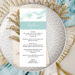 Hochzeitsmenü mit Gastname, türkisfarbenes Wasser Menükarte<br><div class="desc">Freuen Sie sich auf diese personalisierte Speisekarte mit ihrem Namen. Set-Design mit zarten Aquarellfarben in einer Mischung aus türkisfarben, aqua, staubblauen und sanften grünen Farbtönen auf der Vorderseite und auf der Rückseite. Das elegante türkisfarbene Aqua-Viertel umrahmt den Namen der Gäste auf der Vorderseite. Handgeschriebene Kalligrafiedetails und Goldelemente. Zurück mit Aquarellfarben...</div>