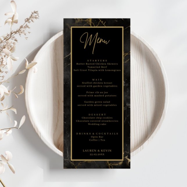 Hochzeitsmenü mit Goldrand-Karte aus schwarzem Mar Menükarte (Von Creator hochgeladen)