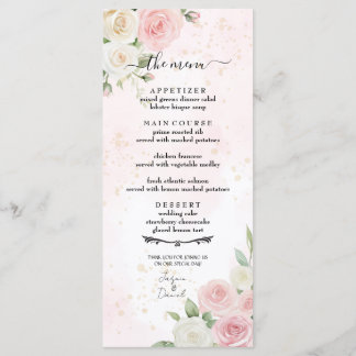 Hochzeitsmenü mit rosa und weißem Rosenblumen Menükarte