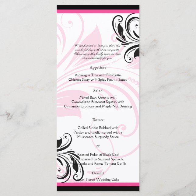 Hochzeitsmenü mit schwarz-schwarz-rosa Blumenrolle Menükarte (Vorderseite)
