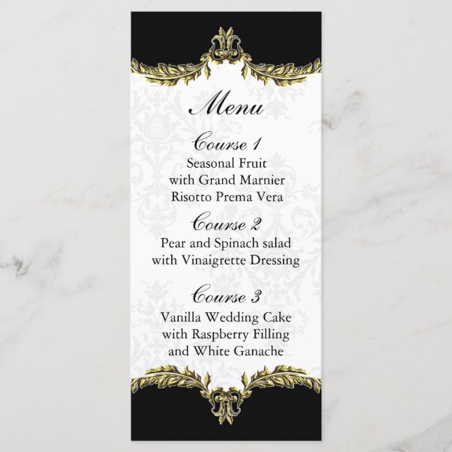 Hochzeitsmenü mit schwarzem Gold Menükarte (Vorderseite)