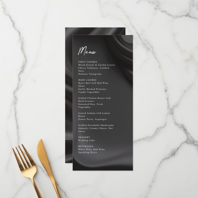 Hochzeitsmenü mit schwarzem Satin Menükarte (Vorderseite/Rückseite Beispiel)