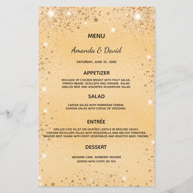 Hochzeitsmenü mit vergoldetem metallischem Glitzer (Vorderseite)