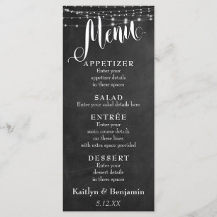 Hochzeitsmenü mit weißen Lichterketten & Schiefert Menükarte