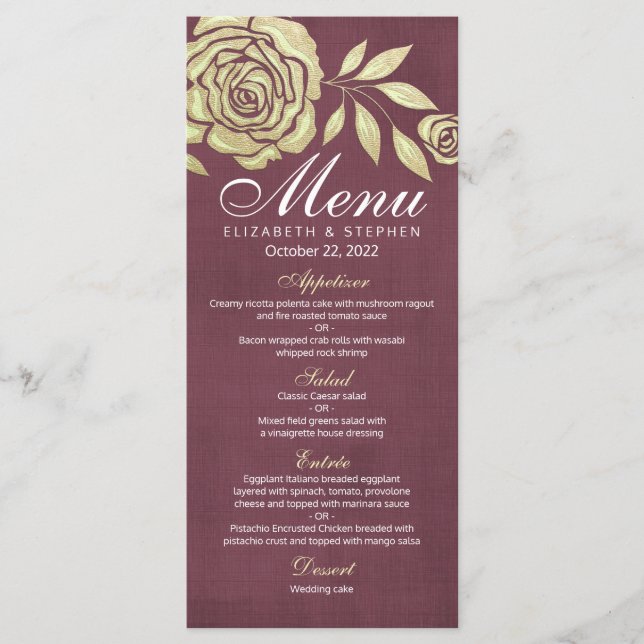 Hochzeitsmenü Moderne schicke Goldene Rose Burgund Menükarte (Vorderseite)