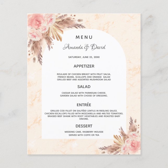 Hochzeitsmenü Pampas Gras Rose Gold Blumenmarmor (Vorderseite)