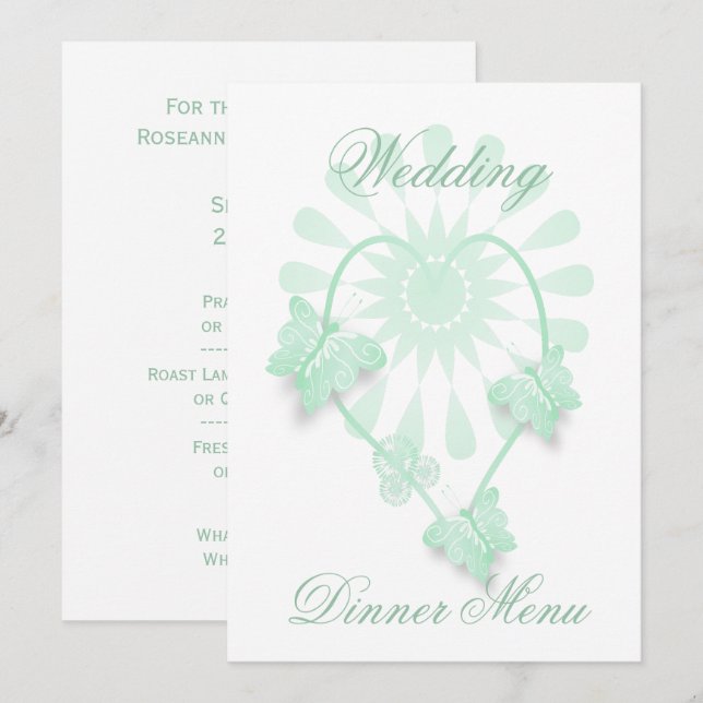 Hochzeitsmenü Peppermint Butterflies Herz Menükarte (Vorne/Hinten)