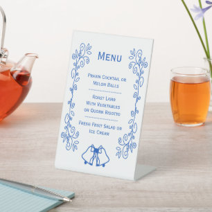 Hochzeitsmenü-Podiumsschild Blaue Saphir-Glocken Sockelschild