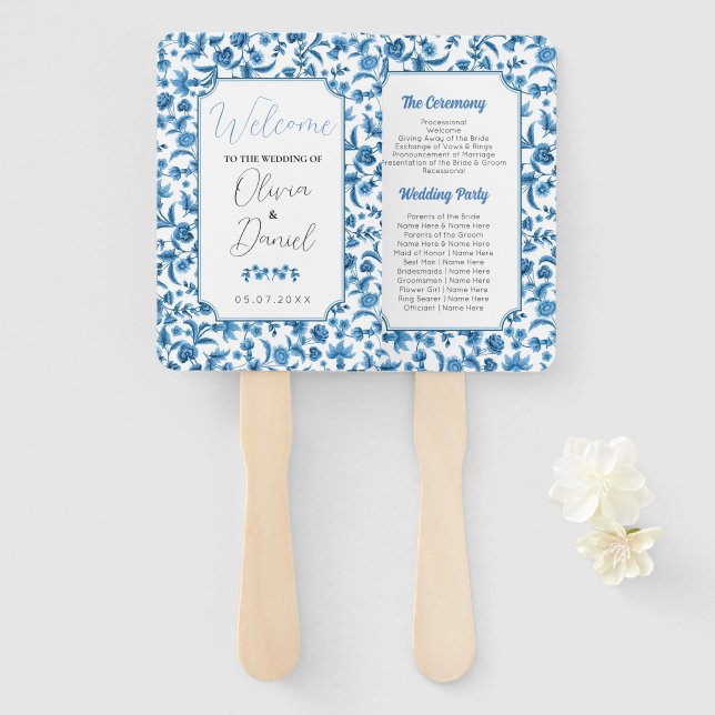 Hochzeitsmenü Programm Chintz Blue & White Floral Fächer (Vorne und Hinten)