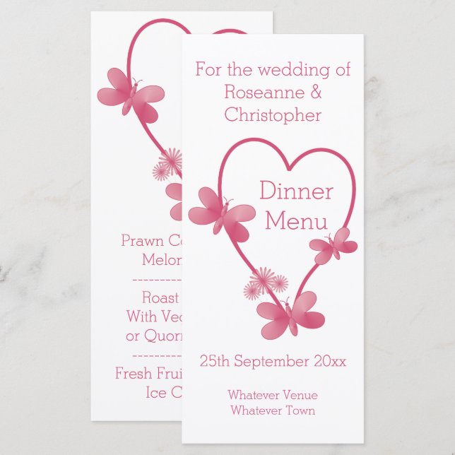 Hochzeitsmenü Rosa Herz und Schmetterlinge Menükarte (Vorne/Hinten)