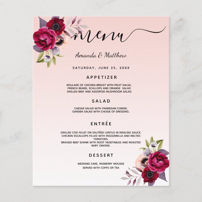 Hochzeitsmenü Rosa Rosa Bordeaux Bordeaux Blumenmu (Vorderseite)
