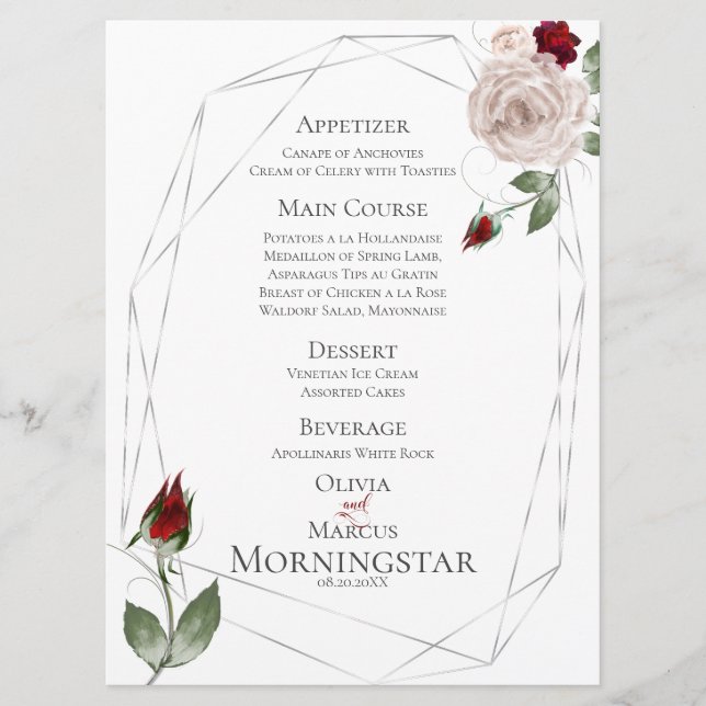 Hochzeitsmenü | Rose für Wasserfarben und Wasserfa Menükarte (Vorderseite)