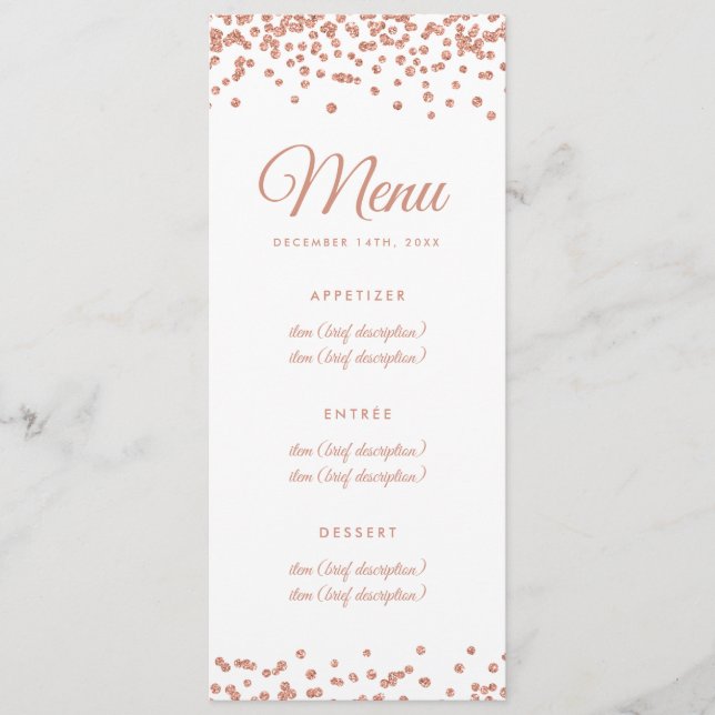 Hochzeitsmenü Rose Gold Imitats Glitzer Confetti W Menükarte (Vorderseite)
