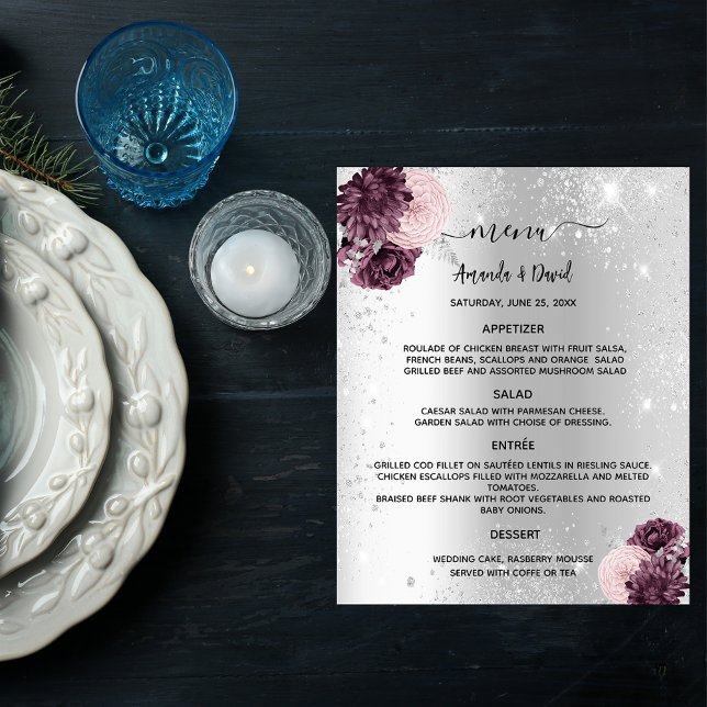 Hochzeitsmenü silberbordeauxfarbene Blume Flyer (Von Creator hochgeladen)