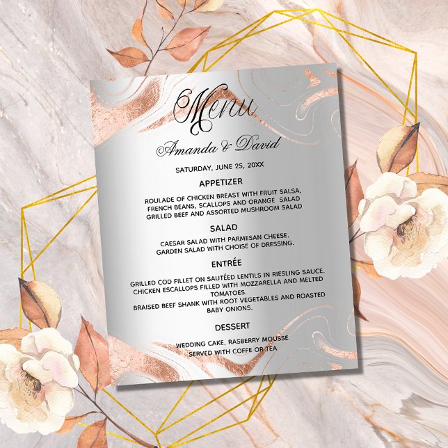 Hochzeitsmenü Silberne Rose Goldmarmor Budget Flyer (Von Creator hochgeladen)