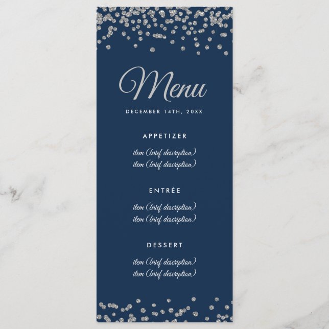 Hochzeitsmenü Silver Imitats Glitzer Confetti Navy Menükarte (Vorderseite)