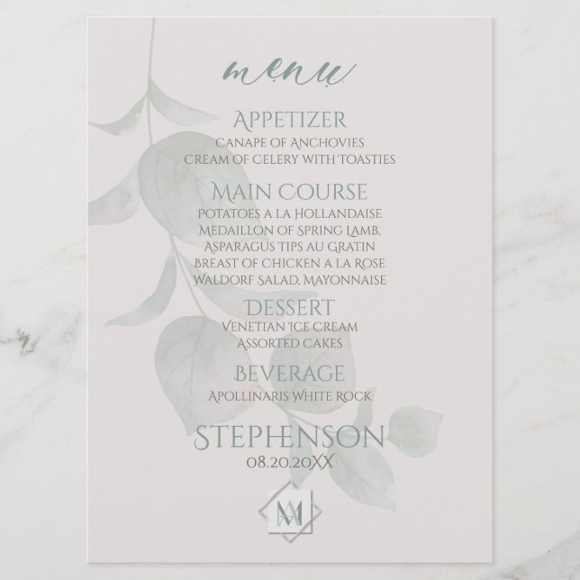 Hochzeitsmenü | Silver Sage Eukalyptus Monogram Menükarte (Vorderseite)