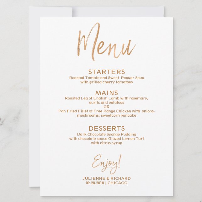 Hochzeitsmenü | Stilvolle Gold Rose Lettered Einladung (Vorderseite)