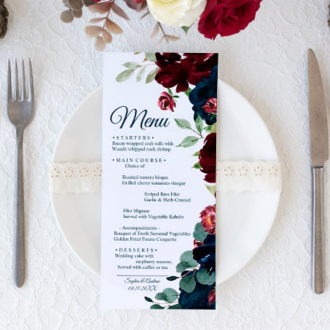 Hochzeitsmenü von Burgund & Navy Blue Flowers Menükarte (Von Creator hochgeladen)
