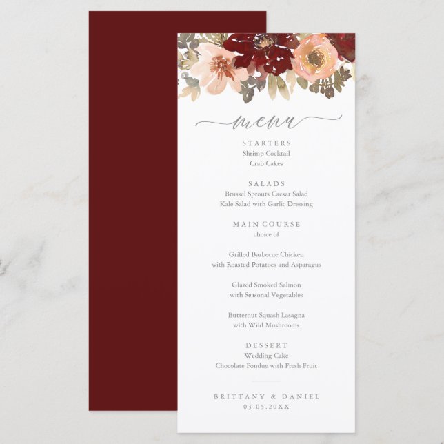 Hochzeitsmenü von Burgund und Peach Menükarte (Vorne/Hinten)