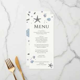 Hochzeitsmenü von Grey Starfish Blue Muscheln Beac Menükarte