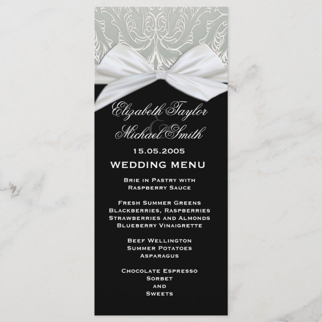 Hochzeitsmenü von Luxury Ribbon Silver/Black Damas Menükarte (Vorderseite)