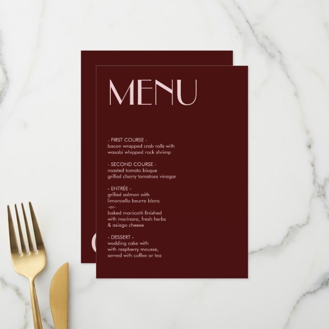 Hochzeitsmenü von Maroon und Blassrosa Menükarte (Vorderseite/Rückseite Beispiel)