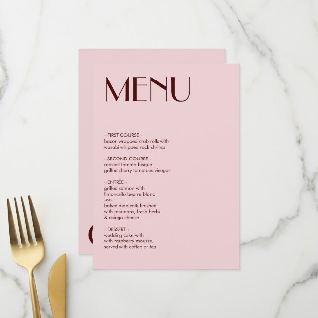 Hochzeitsmenü von Maroon und Blassrosa Menükarte (Vorderseite/Rückseite Beispiel)