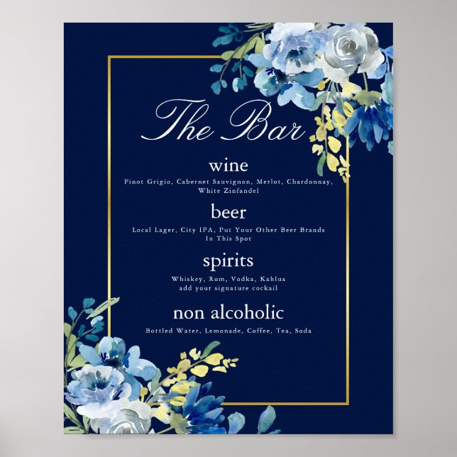 Hochzeitsmenü von Navy Blue Gold Floral Poster (Vorne)