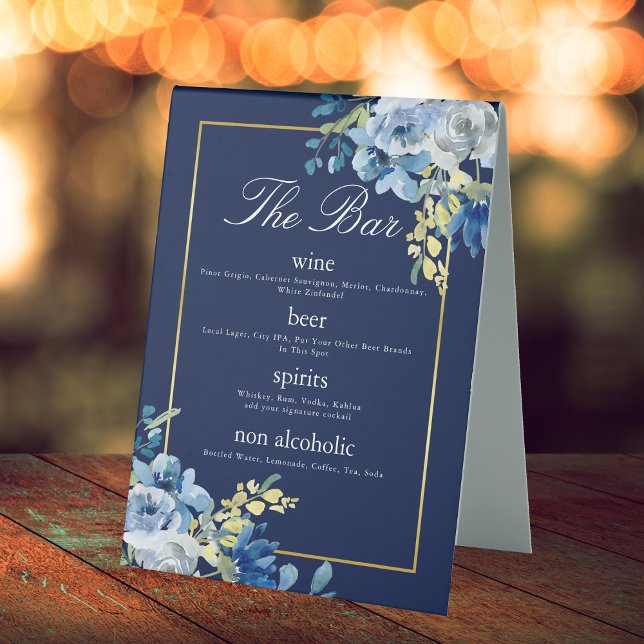 Hochzeitsmenü von Navy Blue Gold Floral Tischaufsteller (Von Creator hochgeladen)