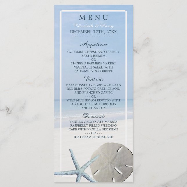 Hochzeitsmenü von Sand Dollar und Starfish Beach Menükarte (Vorderseite)