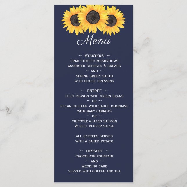 Hochzeitsmenü von Sonnenblumen auf Blauer Flora Menükarte (Vorderseite)