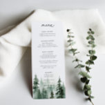 Hochzeitsmenü von Wildwaldkiefern Menükarte<br><div class="desc">Elegante Aquarellkiefernwälder Szene,  Hochzeitsmenü. Features,  moderne schwarze Typografie mit der Koordination dunkelgrüner Farbunterlage.</div>