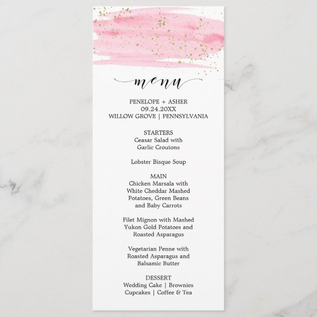 Hochzeitsmenü: Watercolor Pink Blush & Gold Menükarte (Vorderseite)