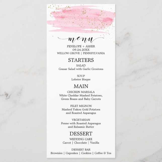 Hochzeitsmenü: Watercolor Pink Blush & Gold Menükarte (Vorderseite)