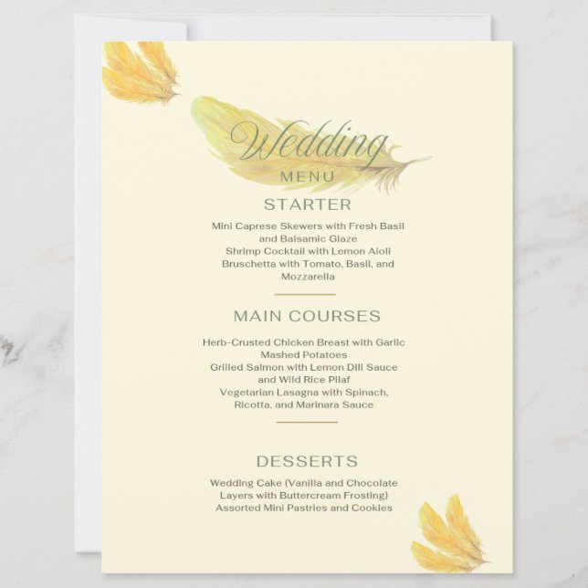 Hochzeitsmenü - Weiches Beige mit Golden Feather D (Vorderseite)