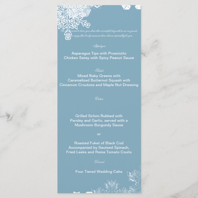 Hochzeitsmenü Winter Blue und White Snowflake Menükarte (Vorderseite)