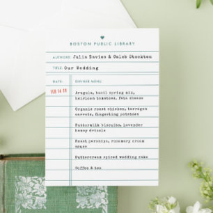 Hochzeitsmenükarte mit Vintage-Bibliotheksbuch-Aus Save The Date