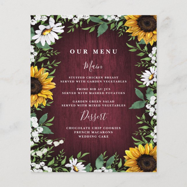 Hochzeitsmenükarten der Burgunder Red Sunflower Gr (Vorderseite)