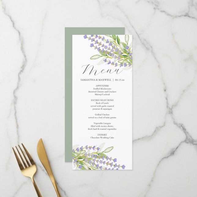 Hochzeitsmenüs Blume Watercolor Lavendel Menükarte (Vorderseite/Rückseite Beispiel)
